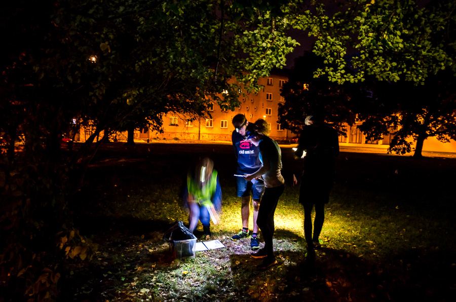 Tým v noci pod stromy řeší úkol ve světle čelovek